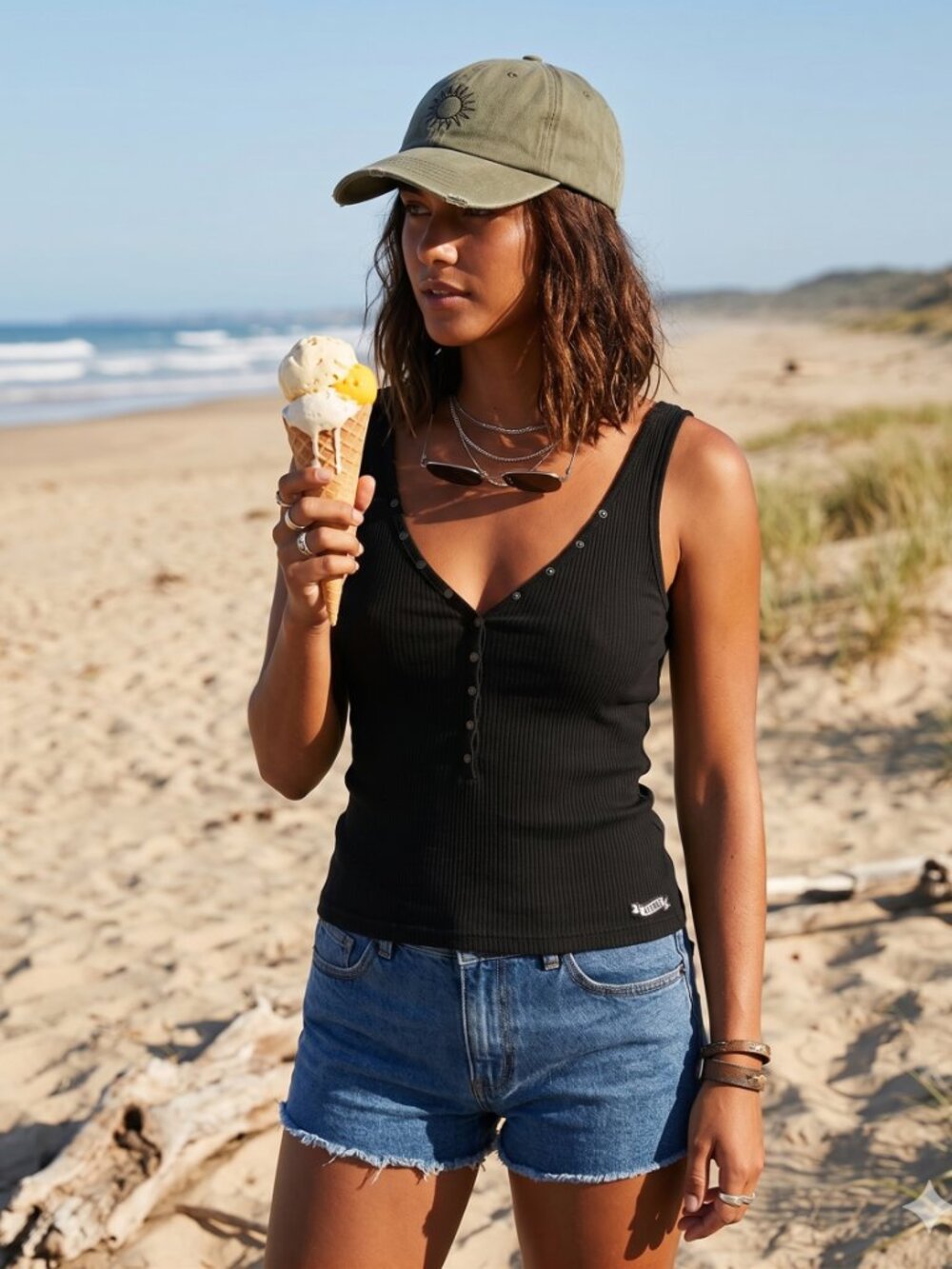 Afends Snap Front Ribbed Tank Black Small Sustainable Streetwear Y2K Cotton